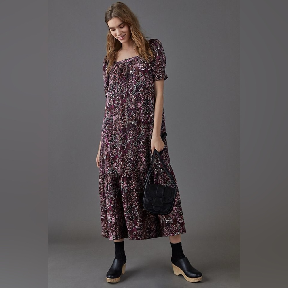 Anthropologie Maeve Lisabetta Maxi Dress Paisley Print Purple Wine Size S